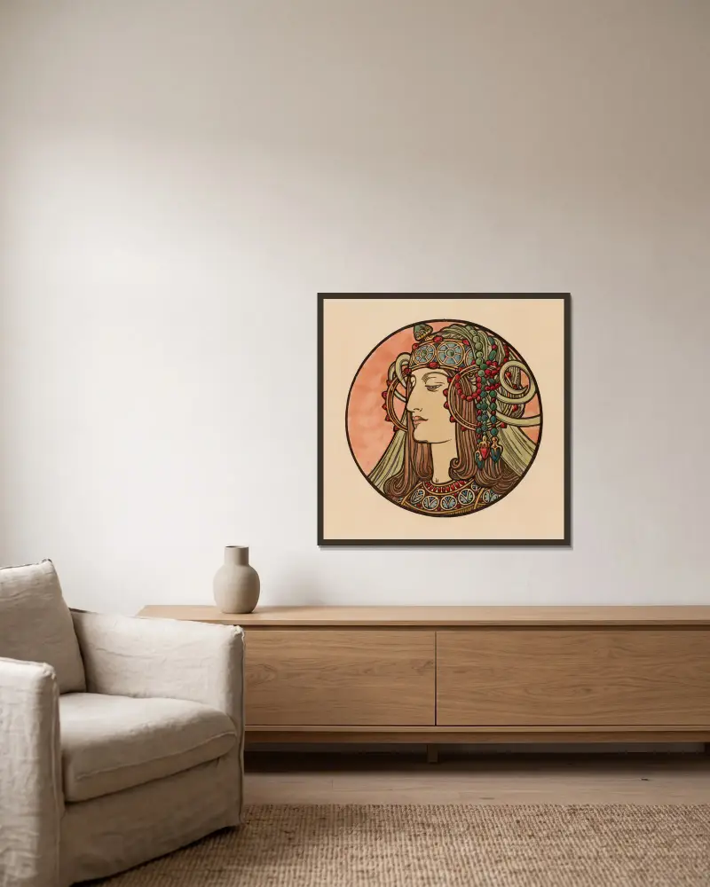 Glasmålning för fasaden till butiken Fouquet – nr 4 av Alphonse Mucha inramad på en vägg