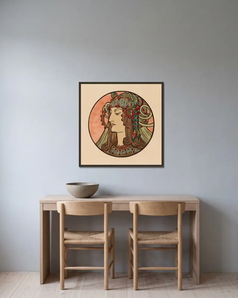 Glasmålning för fasaden till butiken Fouquet – nr 4 av Alphonse Mucha inramad på en vägg