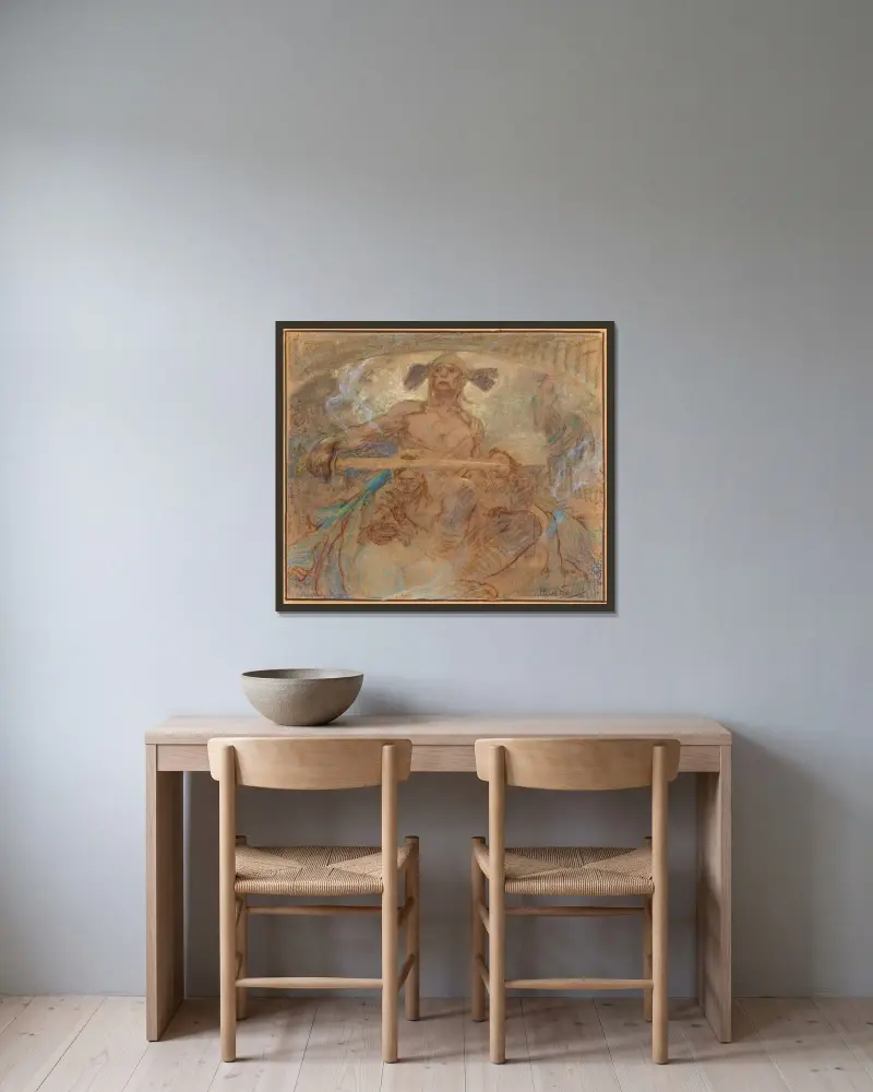 Warrior av Alphonse Mucha inramad på en vägg