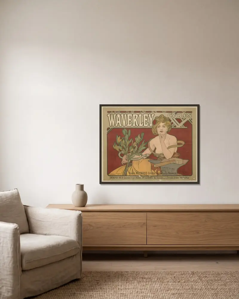 Waverley Cycles von Alphonse Mucha gerahmt an einer Wand
