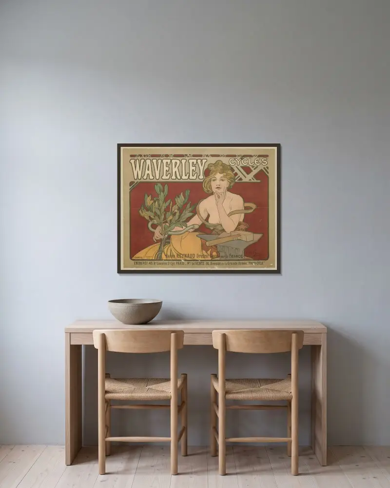 Waverley Cycles von Alphonse Mucha gerahmt an einer Wand