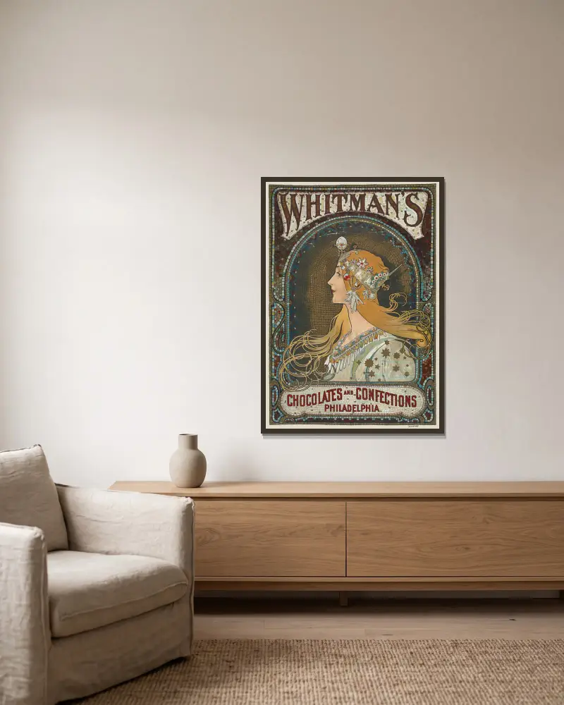 Whitman’s chocolates and confections. Philadelphia av Alphonse Mucha inramad på en vägg