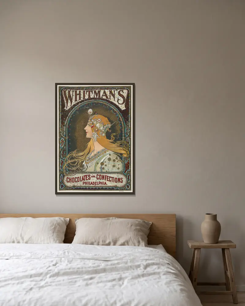 Whitman’s chocolates and confections. Philadelphia av Alphonse Mucha inramad på en vägg