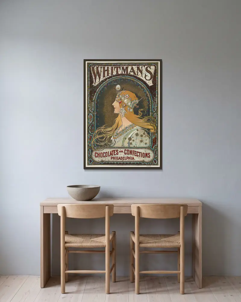 Whitman’s chocolates and confections. Philadelphia av Alphonse Mucha inramad på en vägg