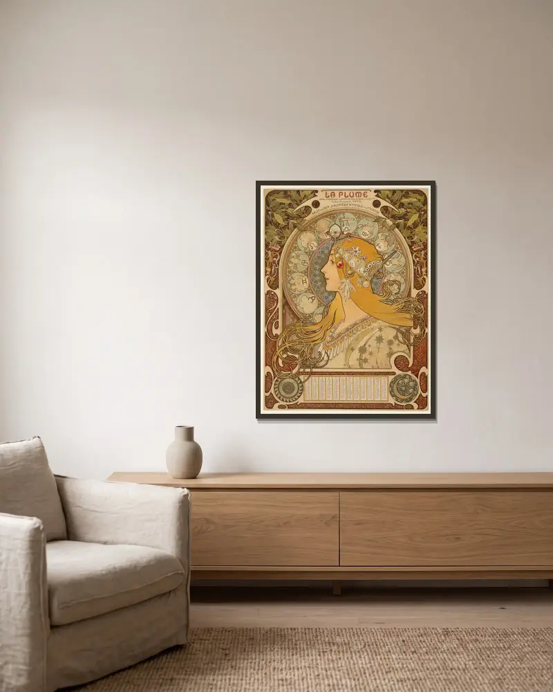 Zodiaque (La Plume) av Alphonse Mucha inramad på en vägg