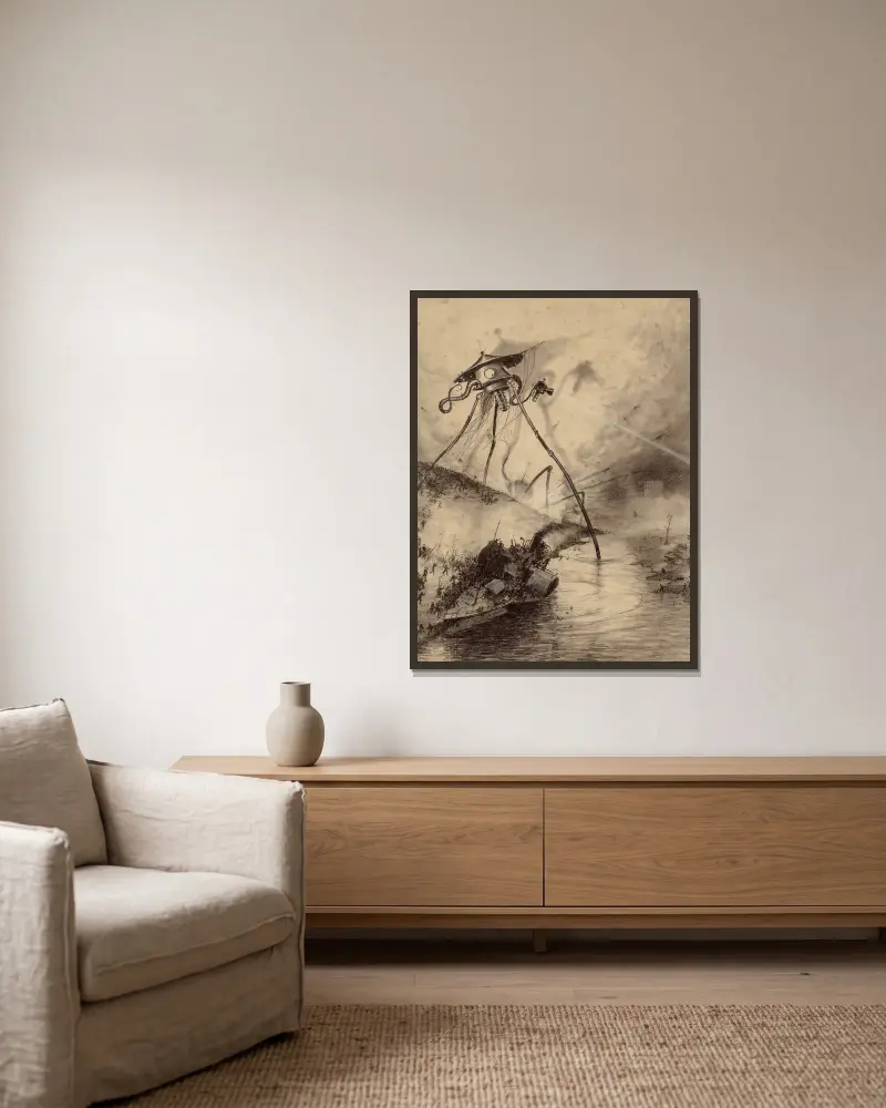 Martian Fighting Machine im Themse-Tal von Henrique Alvim Corrêa gerahmt an einer Wand