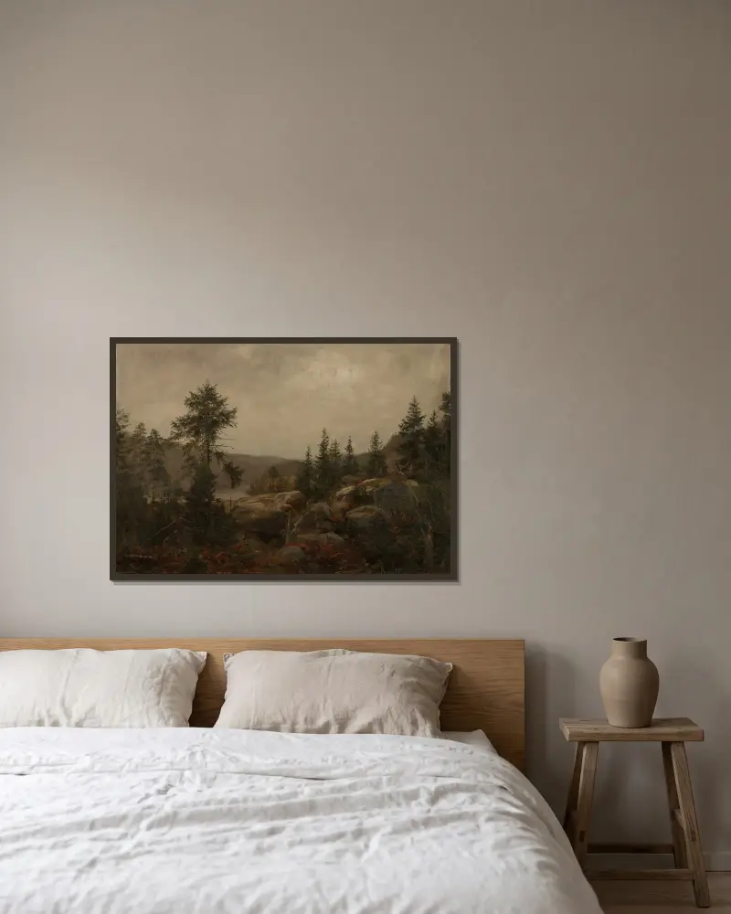 Dämmerungsregen. Der Hof Foss, Mandalselven von Amaldus Nielsen gerahmt an einer Wand