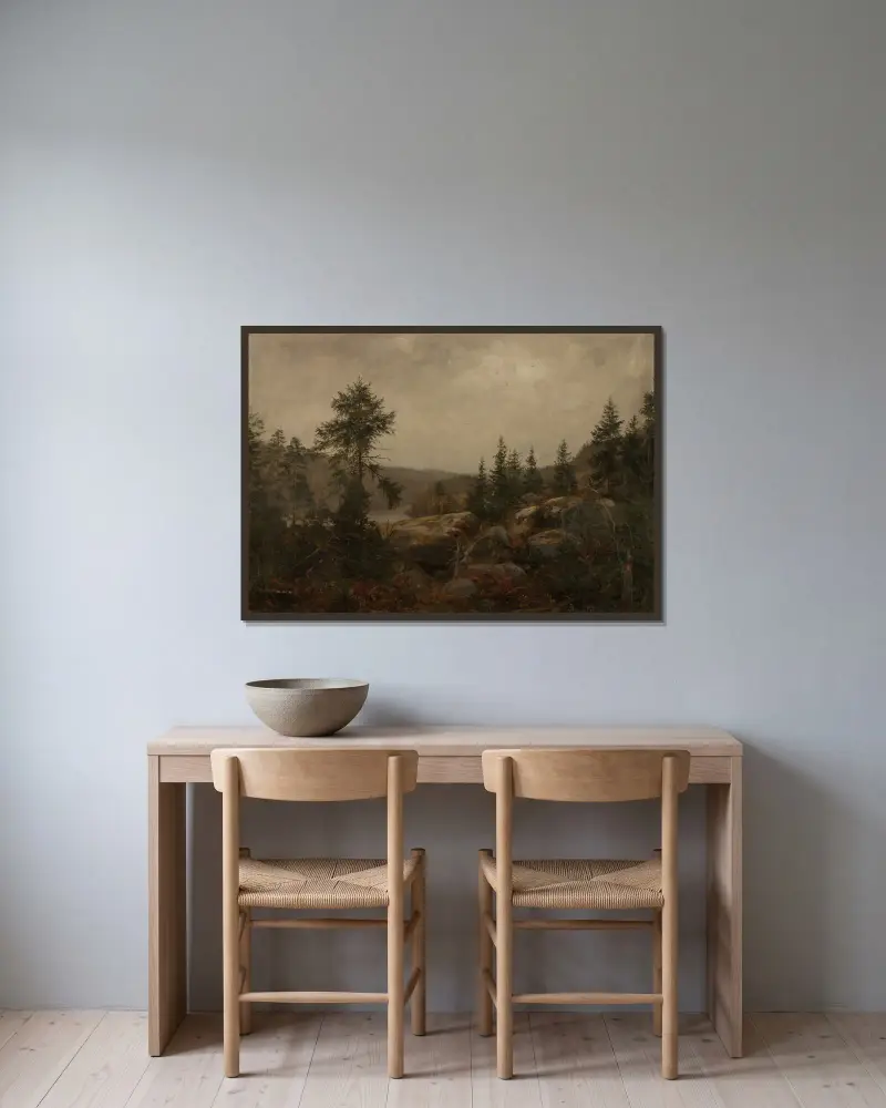 Dämmerungsregen. Der Hof Foss, Mandalselven von Amaldus Nielsen gerahmt an einer Wand