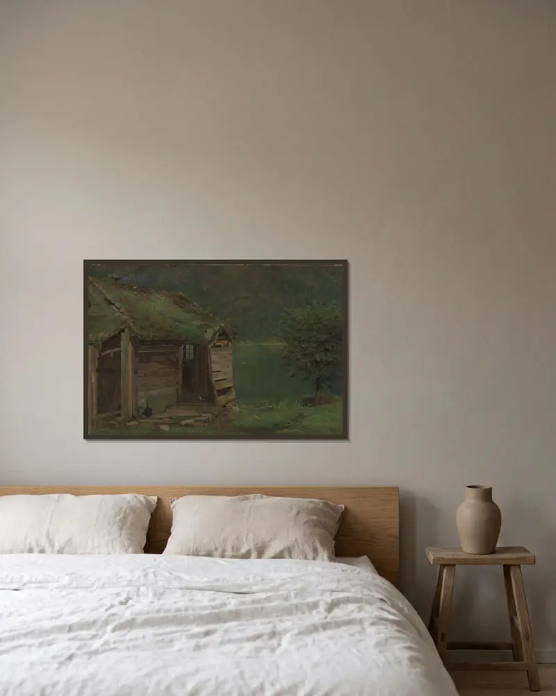 Bondgård vid Balestrand av Amaldus Nielsen inramad på en vägg