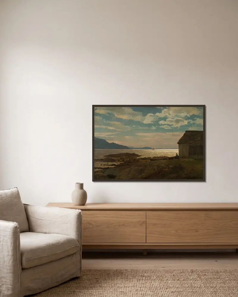 Från Ölvestranden, Hardanger av Amaldus Nielsen inramad på en vägg