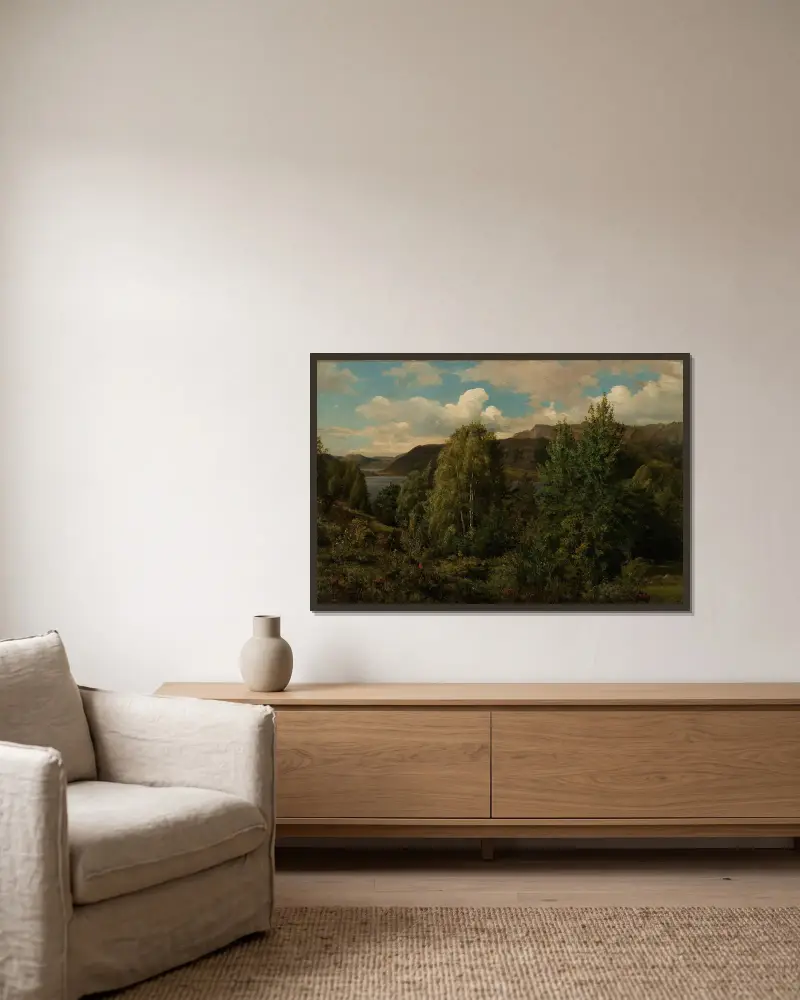 Fra Skogsfjord, Mandal von Amaldus Nielsen gerahmt an einer Wand
