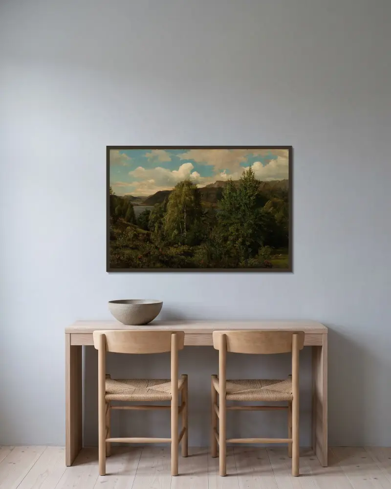 Fra Skogsfjord, Mandal von Amaldus Nielsen gerahmt an einer Wand