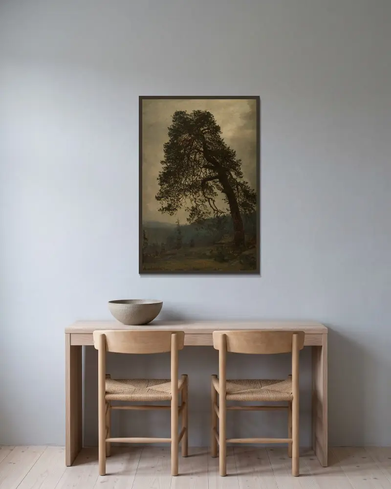 Gammel gudbrandsdøl av Amaldus Nielsen inramad på en vägg