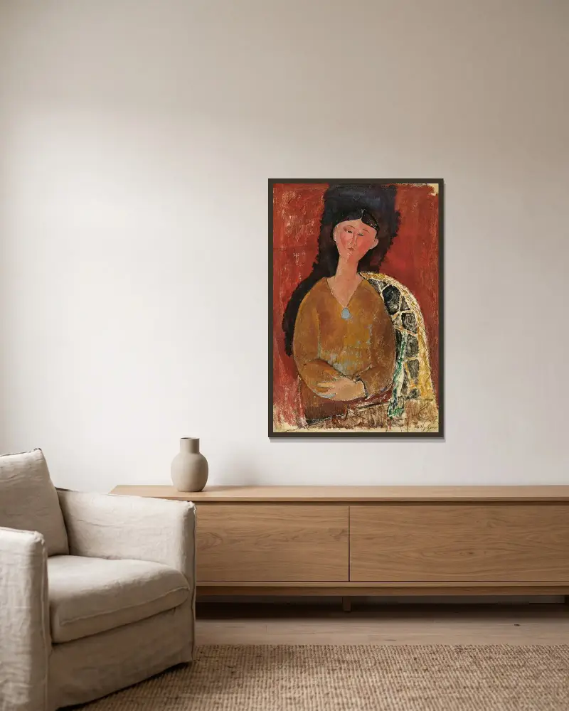 Beatrice Hastings assise av Amedeo Modigliani inramad på en vägg