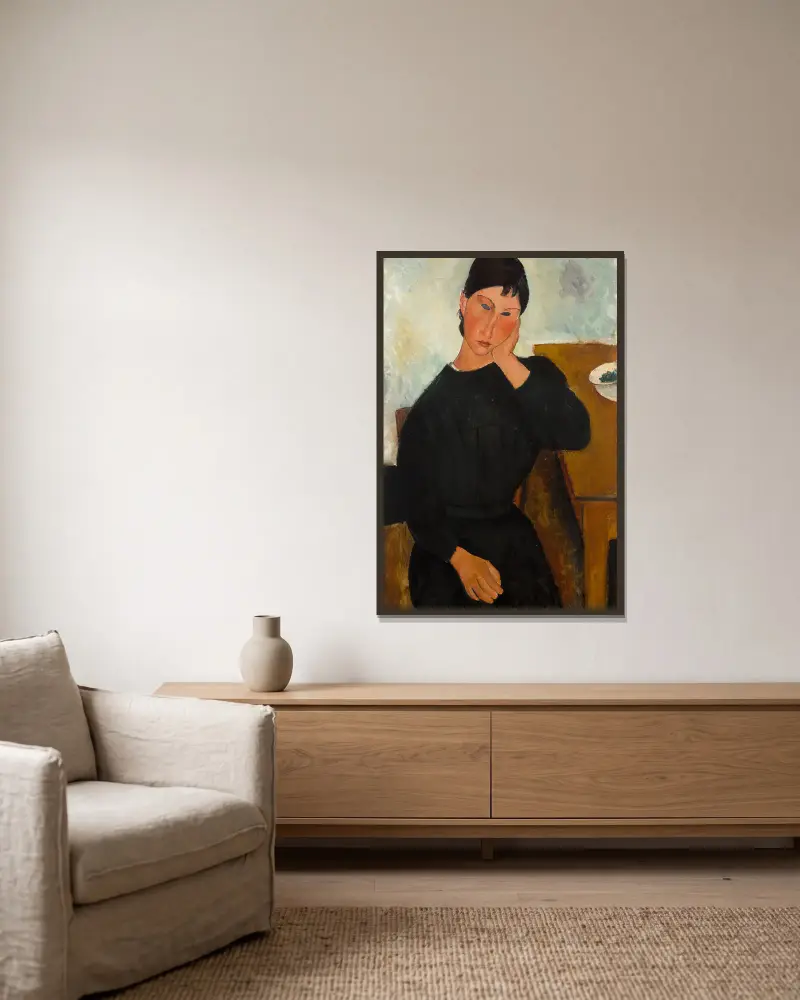 Elvira odpočívá u stolu, Amedeo Modigliani v rámu na stěně