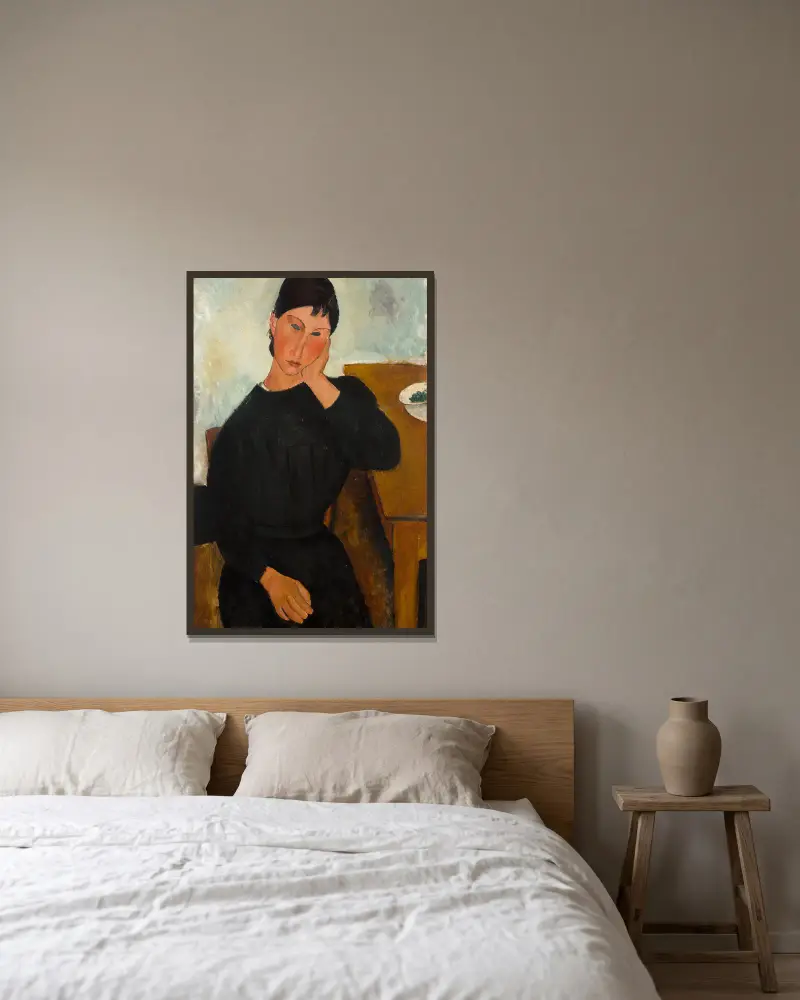 Elvira odpočívá u stolu, Amedeo Modigliani v rámu na stěně