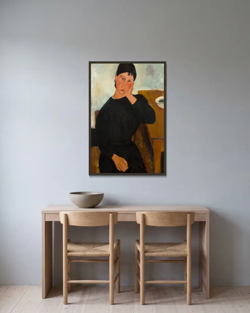 Elvira odpočívá u stolu, Amedeo Modigliani v rámu na stěně
