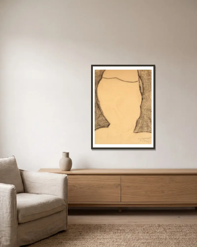 Frontaler Frauenkopf, nach links geneigt von Amedeo Modigliani gerahmt an einer Wand