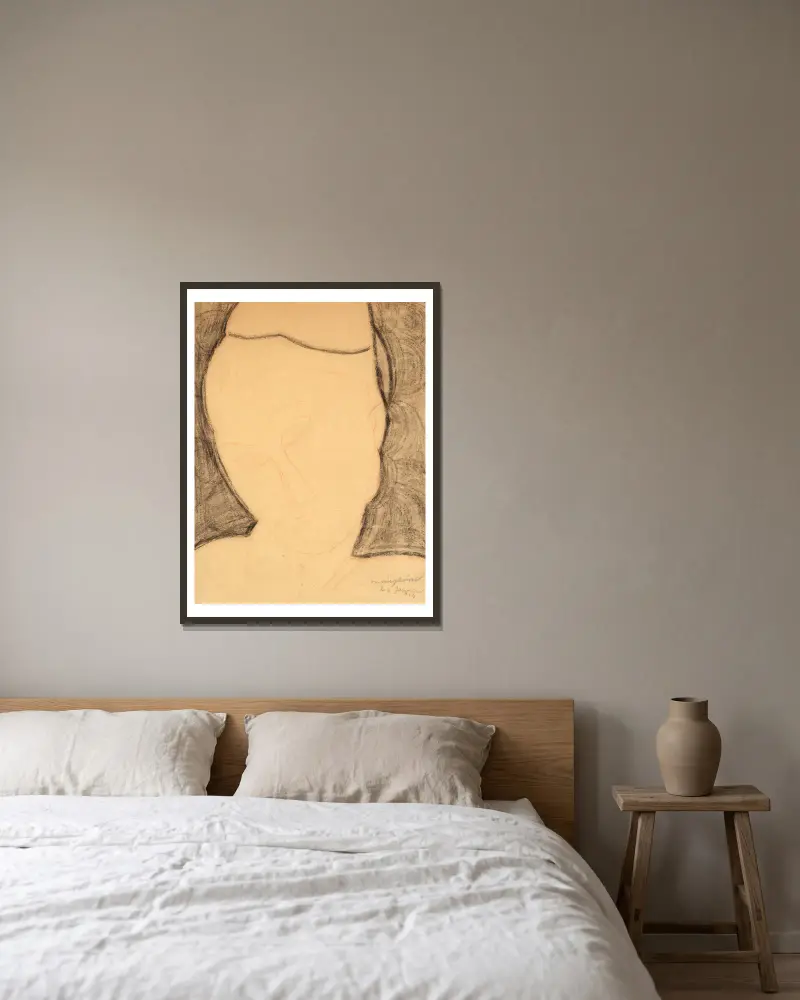 Frontaler Frauenkopf, nach links geneigt von Amedeo Modigliani gerahmt an einer Wand