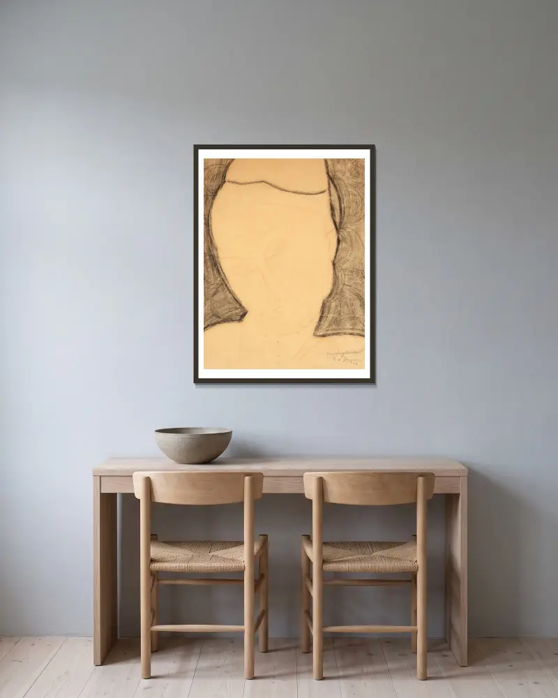 Frontaler Frauenkopf, nach links geneigt von Amedeo Modigliani gerahmt an einer Wand