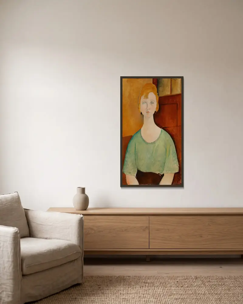 Flicka i grön blus av Amedeo Modigliani inramad på en vägg