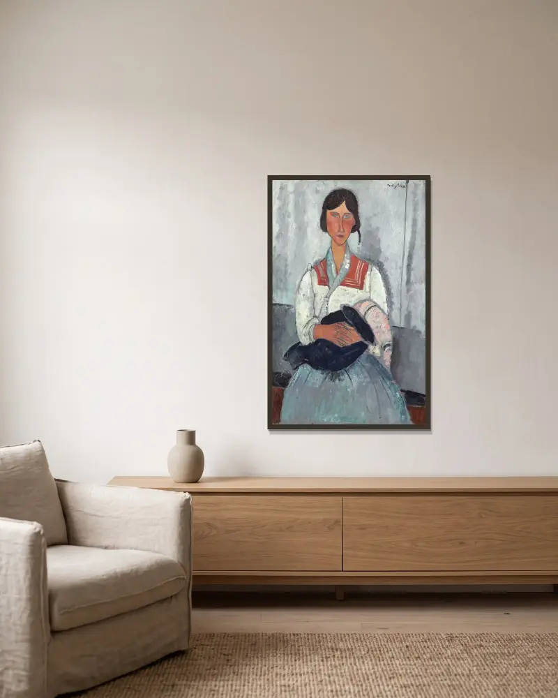 Zigenarkvinna med barn av Amedeo Modigliani inramad på en vägg