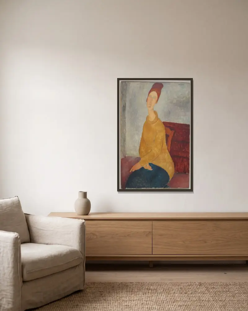 Jeanne Hébuterne i gul tröja av Amedeo Modigliani inramad på en vägg