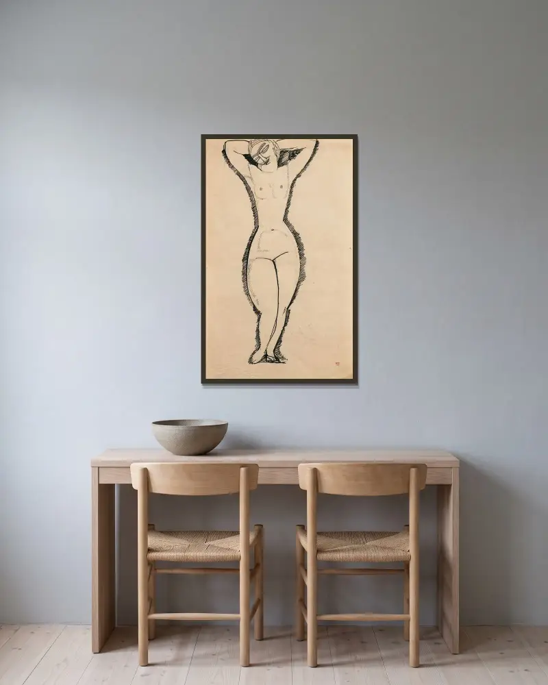 Akt frontalnie, ramiona uniesione, Amedeo Modigliani w ramie na ścianie