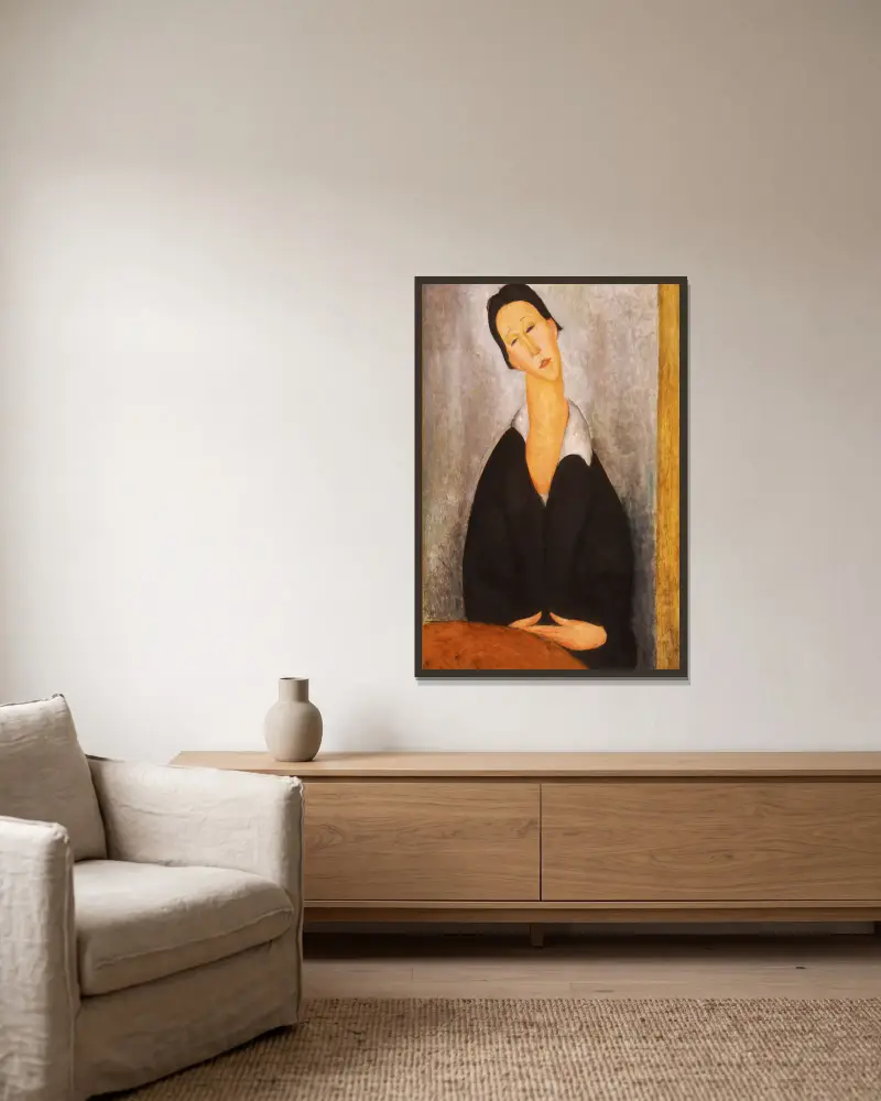 Porträtt av en polsk kvinna av Amedeo Modigliani inramad på en vägg