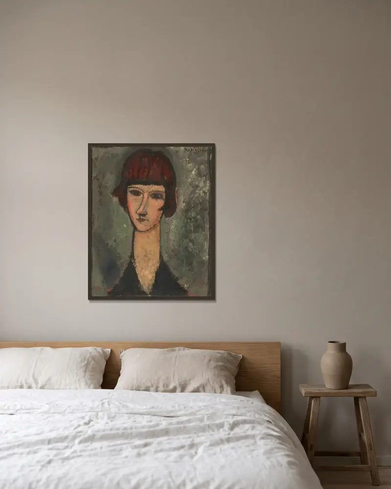 Porträtt av en kvinna, 1917 – nr 2 av Amedeo Modigliani inramad på en vägg
