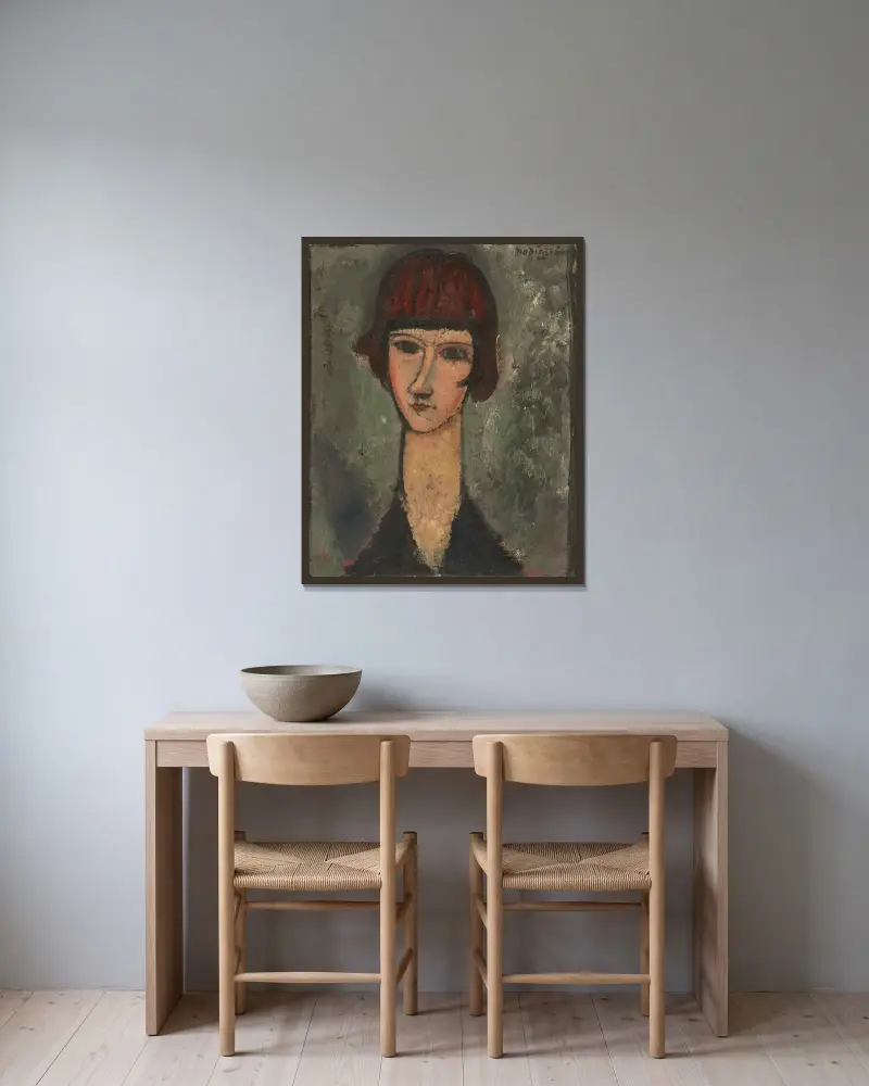 Porträtt av en kvinna, 1917 – nr 2 av Amedeo Modigliani inramad på en vägg