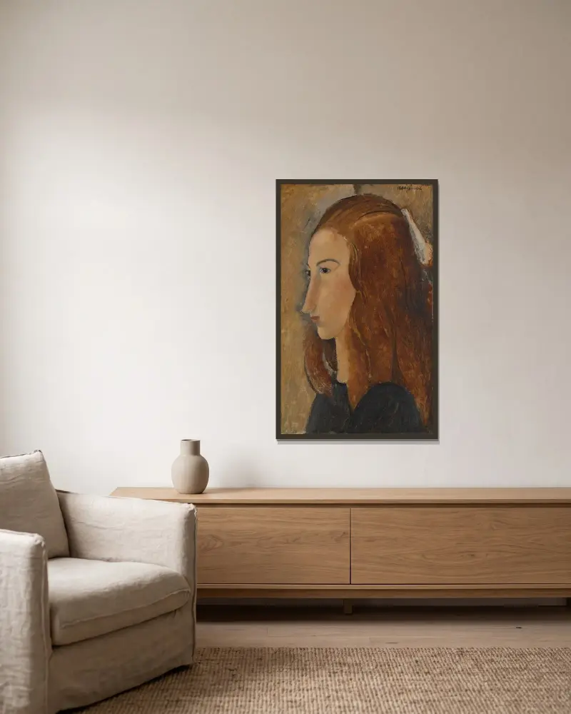 Porträtt av en ung kvinna, 1918 – nr 2 av Amedeo Modigliani inramad på en vägg