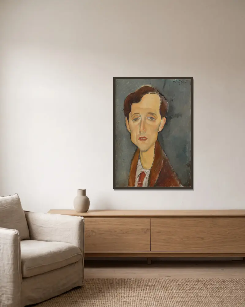 Portrait of Frans Hellens av Amedeo Modigliani inramad på en vägg