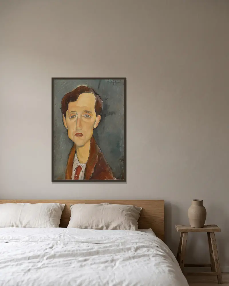 Portrait of Frans Hellens av Amedeo Modigliani inramad på en vägg
