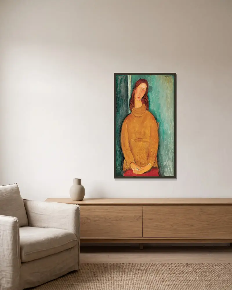 Porträtt av Jeanne Hébuterne – nr 1 av Amedeo Modigliani inramad på en vägg