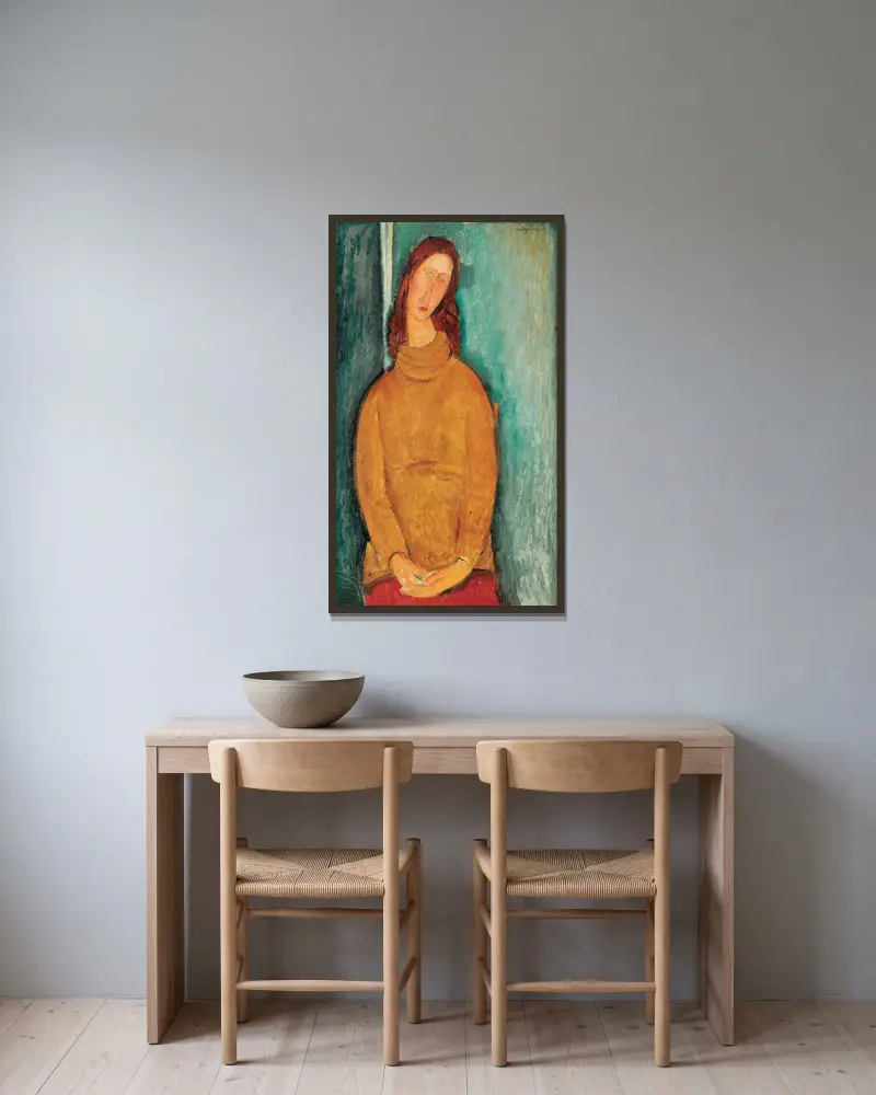 Porträtt av Jeanne Hébuterne – nr 1 av Amedeo Modigliani inramad på en vägg