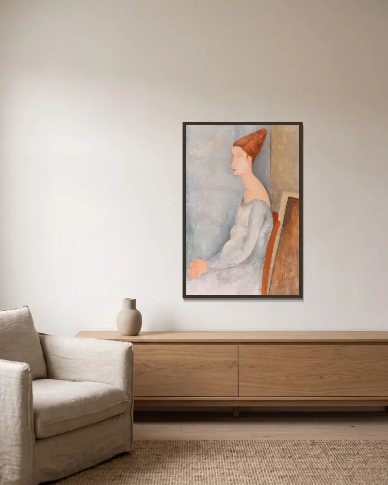 Bildnis der Jeanne Hébuterne, 1918 von Amedeo Modigliani gerahmt an einer Wand