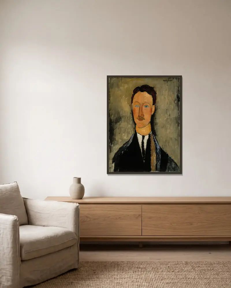 Porträtt av konstnären Léopold Survage av Amedeo Modigliani inramad på en vägg