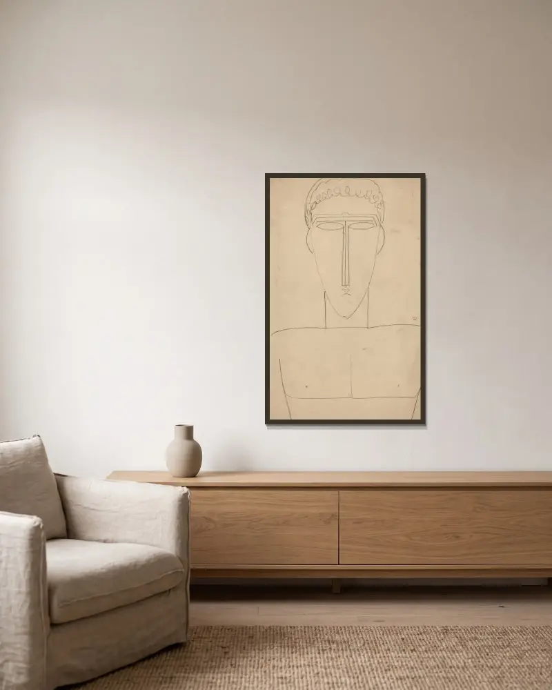 Manshuvud och överkropp framifrån av Amedeo Modigliani inramad på en vägg