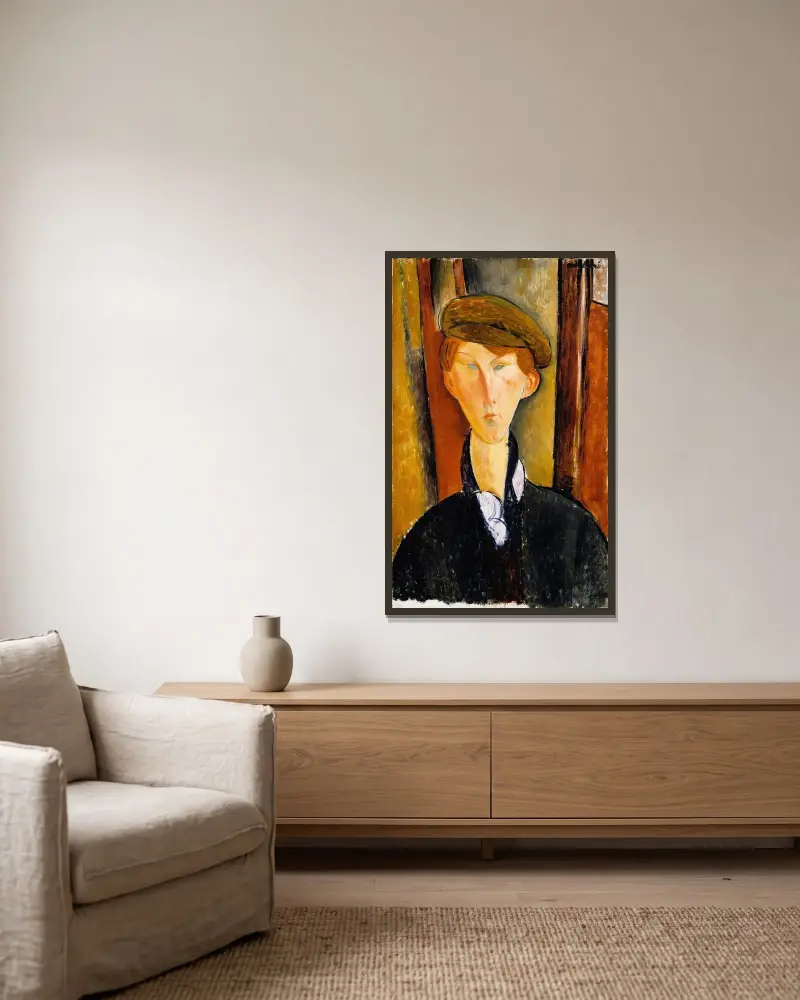 Young Man with a Cap av Amedeo Modigliani inramad på en vägg