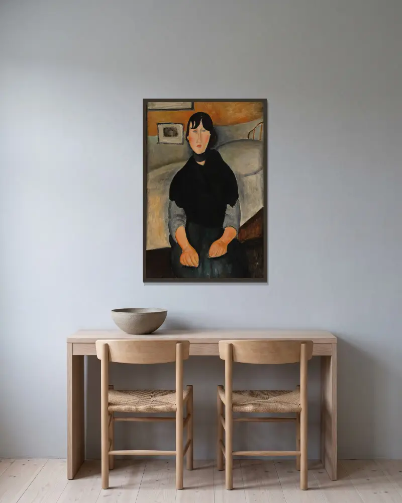 Junge Frau aus dem Volk von Amedeo Modigliani gerahmt an einer Wand