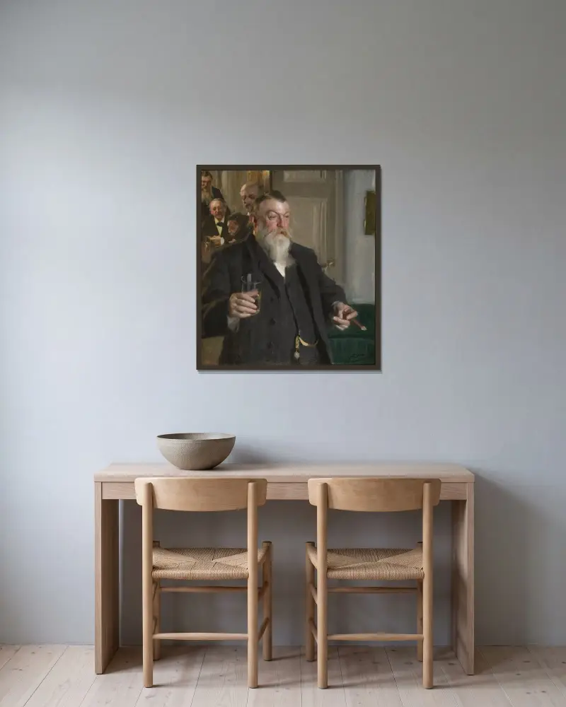En skål i sällskapet Idun av Anders Zorn inramad på en vägg