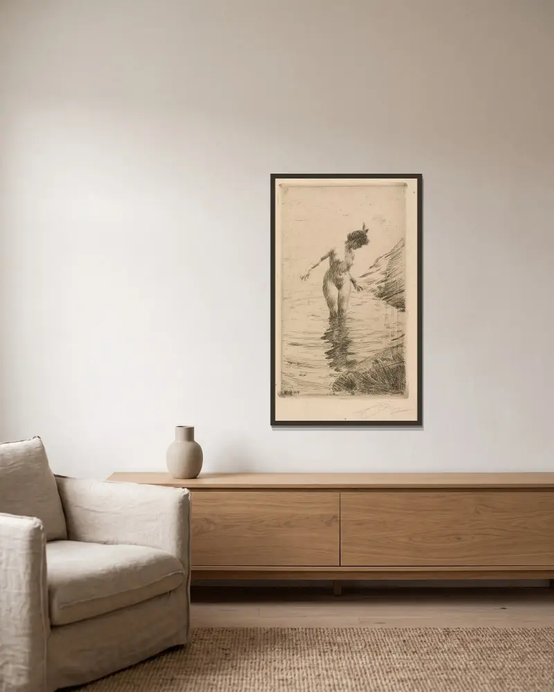 Vattenringar II av Anders Zorn inramad på en vägg
