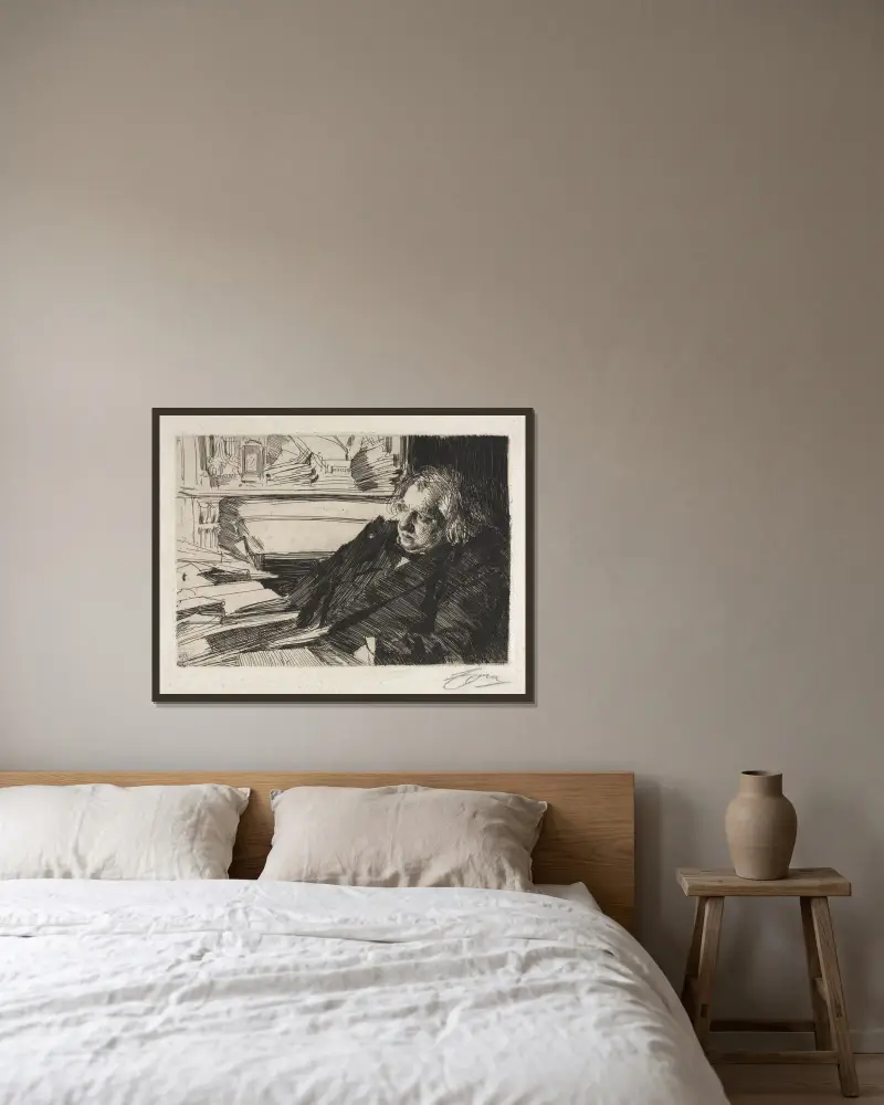 Ernest Renan, 1892 av Anders Zorn inramad på en vägg