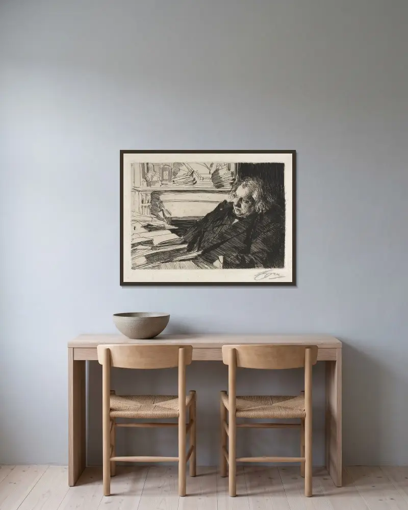 Ernest Renan, 1892 av Anders Zorn inramad på en vägg