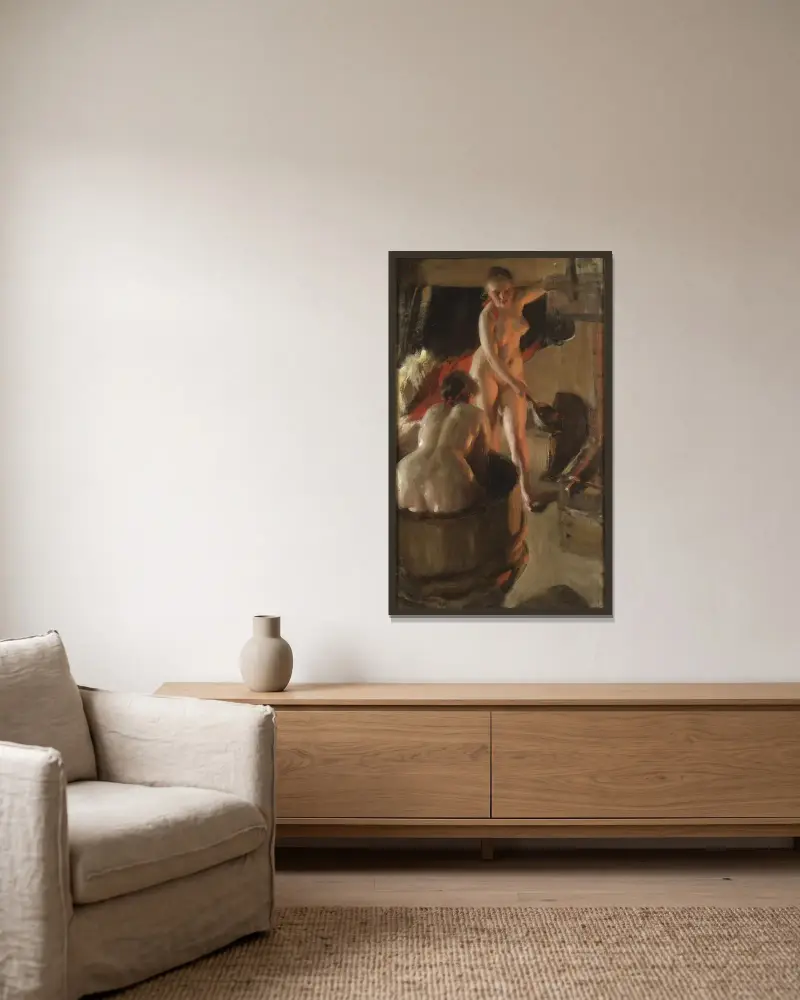 Badande dalkullor av Anders Zorn inramad på en vägg