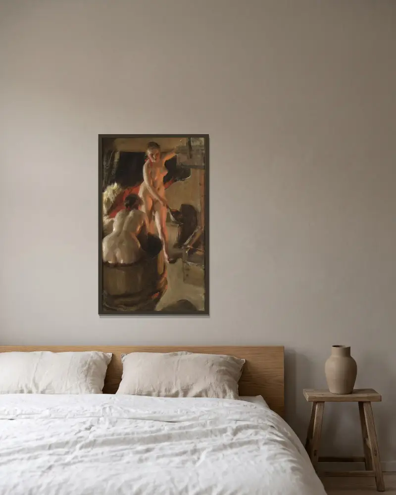 Badande dalkullor av Anders Zorn inramad på en vägg
