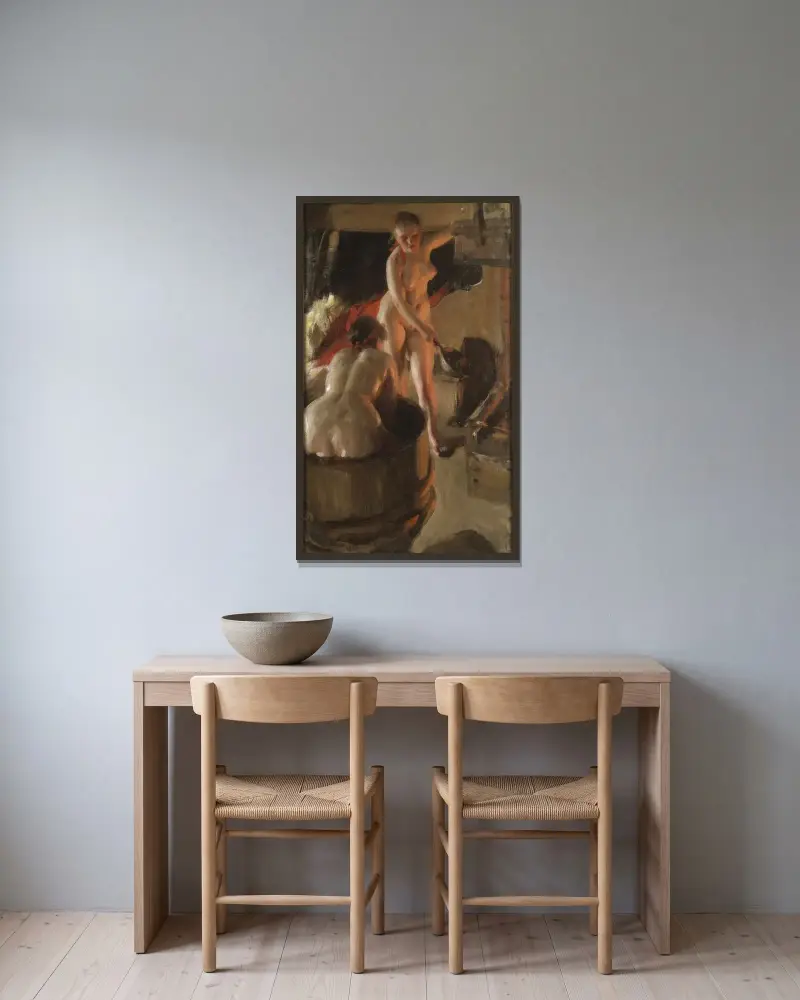 Badande dalkullor av Anders Zorn inramad på en vägg