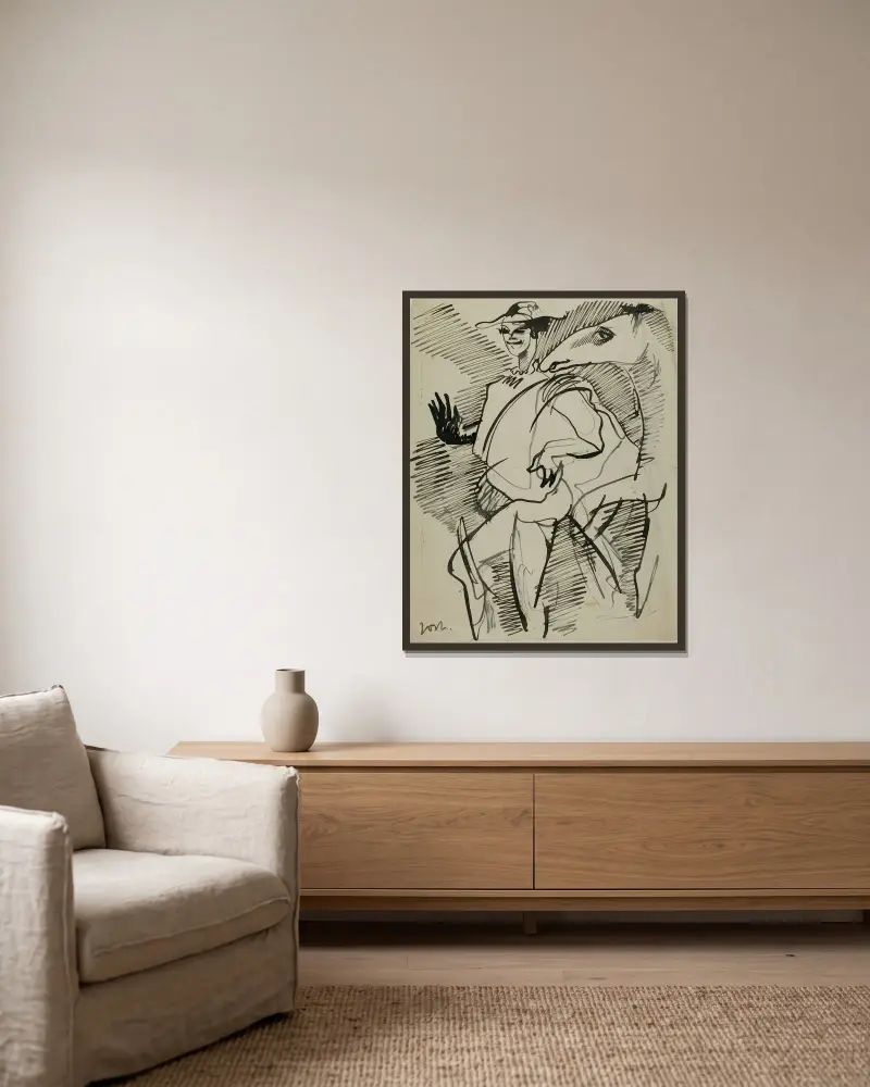 Man med häst av Anders Zorn inramad på en vägg