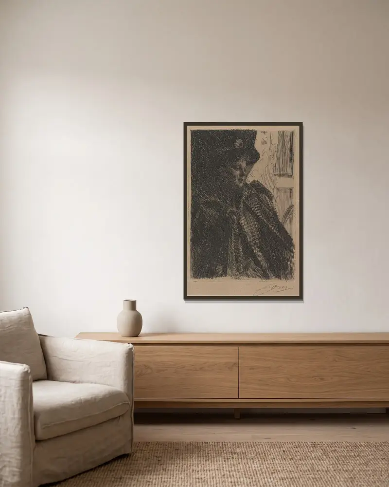 Mme. Olga Bratt av Anders Zorn inramad på en vägg